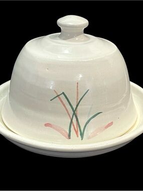 Vintage 1970s Signed Pottery Art Covered Butter Bell - Ceramic Pastel Farmhouse